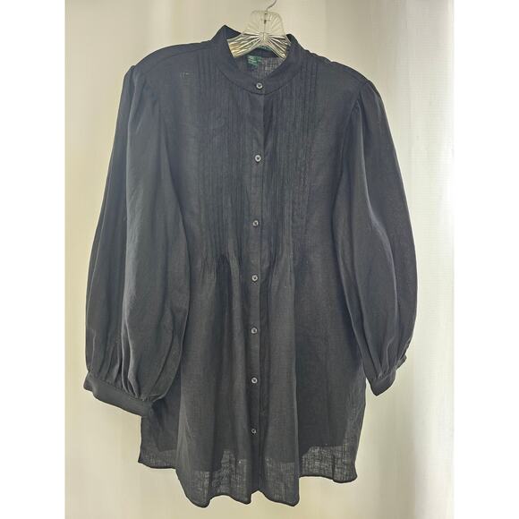 Lauren Ralph Lauren Pintuck Pleat Band Collar 3/4 Sleeve Linen Tunic Black sz l - Picture 3 of 11